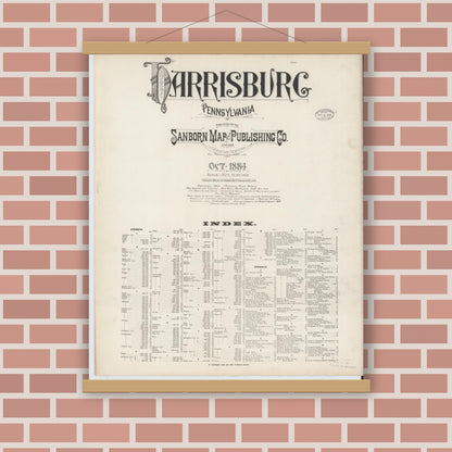 Old map wall art mockup — magnetic wood frame on brick wall — Sanborn Fire Insurance Map from Harrisburg, Dauphin County, Pennsylvania (1884), Sheet #0001