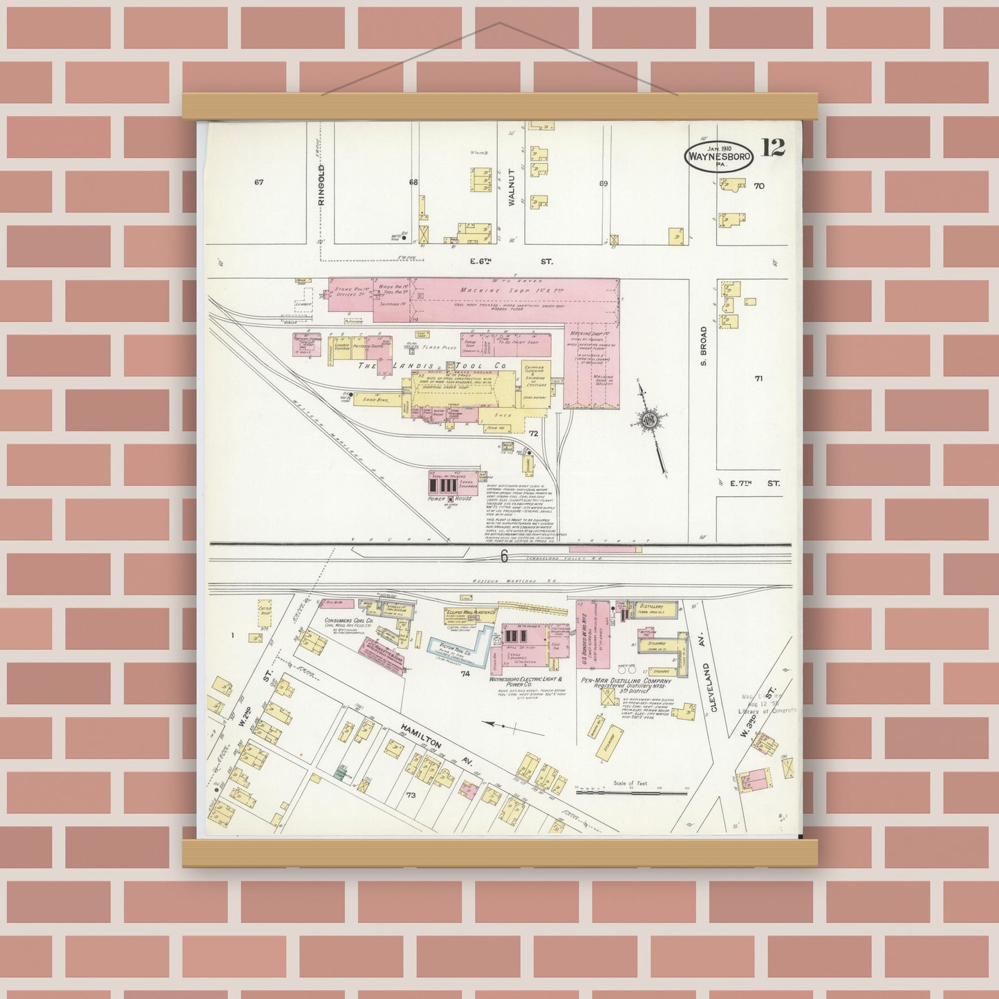 Old map wall art mockup — magnetic wood frame on brick wall — Sanborn Fire Insurance Map from Waynesboro, Franklin County, Pennsylvania (1910), Sheet #0012
