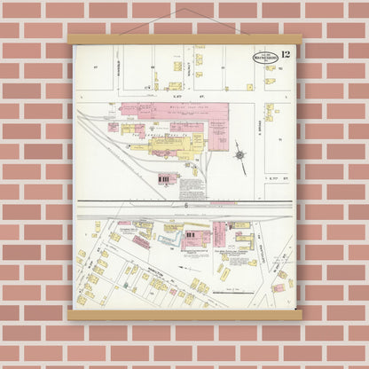 Old map wall art mockup — magnetic wood frame on brick wall — Sanborn Fire Insurance Map from Waynesboro, Franklin County, Pennsylvania (1910), Sheet #0012