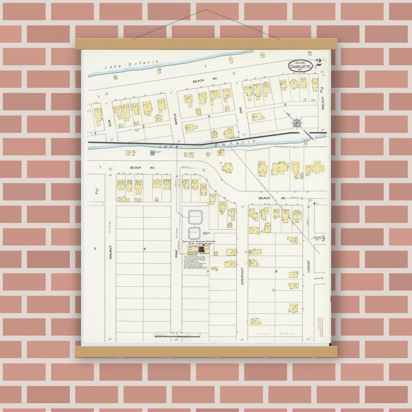 Old map wall art mockup — magnetic wood frame on brick wall — Sanborn Fire Insurance Map from Charlotte, Monroe County, New York (1912) - Complete Map Set