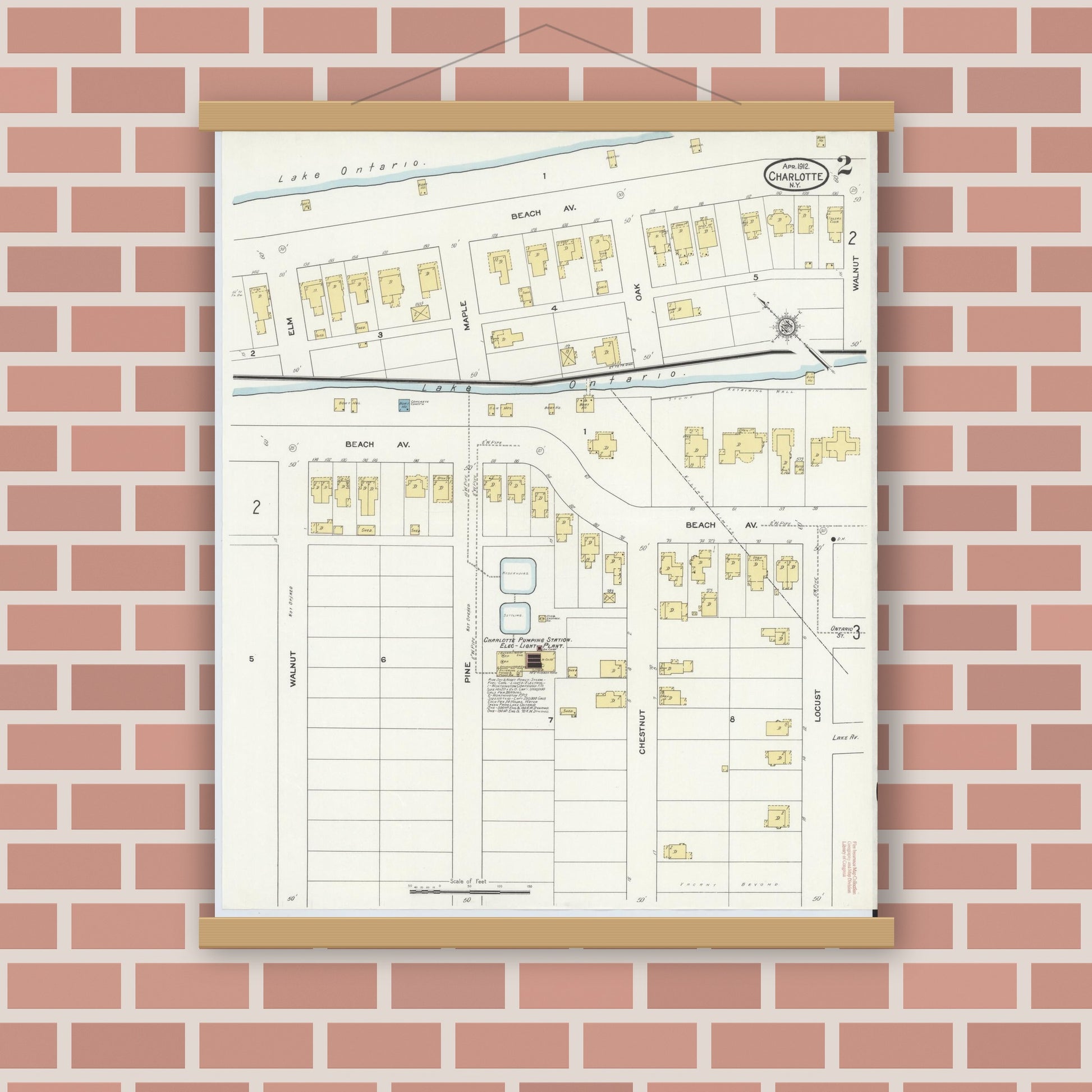 Old map wall art mockup — magnetic wood frame on brick wall — Sanborn Fire Insurance Map from Charlotte, Monroe County, New York (1912) - Complete Map Set