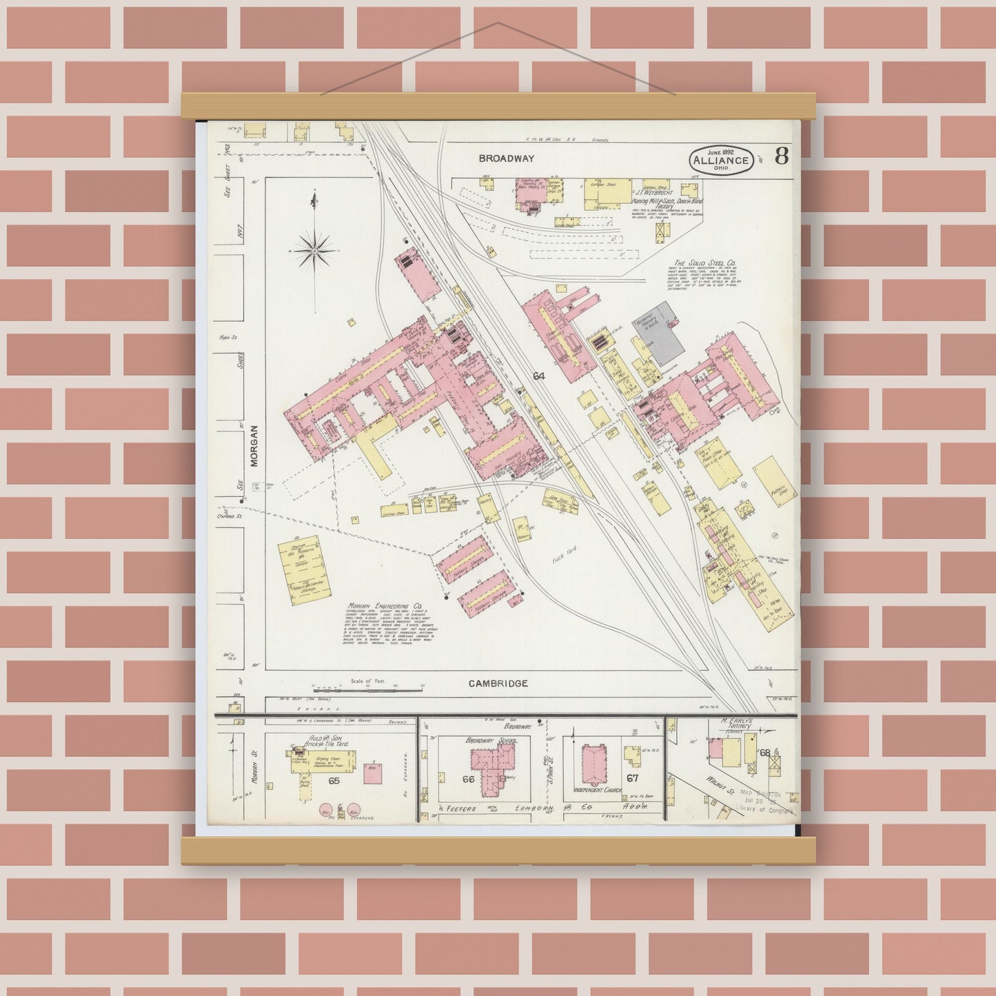 Old map wall art mockup — magnetic wood frame on brick wall — Sanborn Fire Insurance Map from Alliance, Stark County, Ohio (1892), Sheet #0008