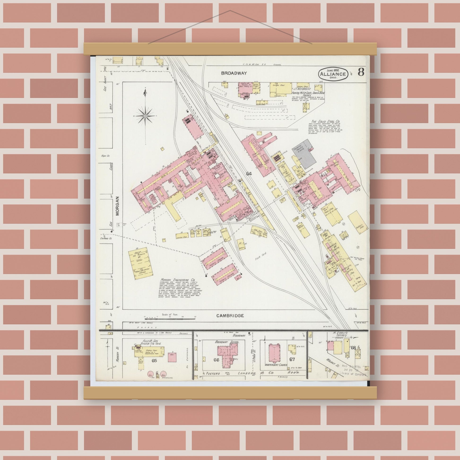 Old map wall art mockup — magnetic wood frame on brick wall — Sanborn Fire Insurance Map from Alliance, Stark County, Ohio (1892), Sheet #0008