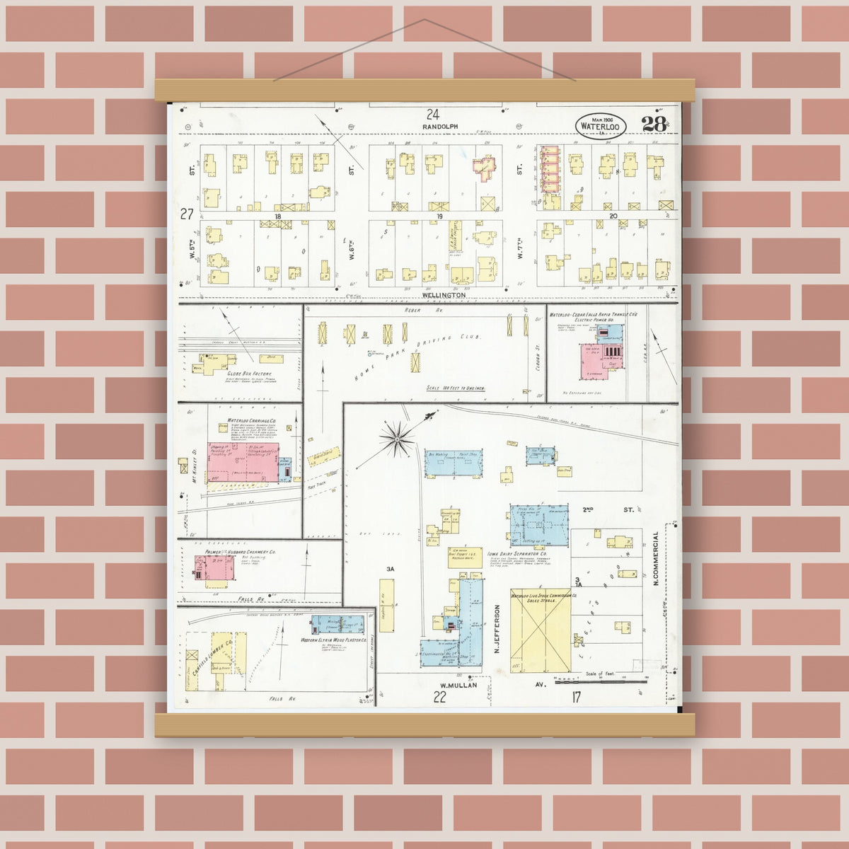 Old map wall art mockup — magnetic wood frame on brick wall — Sanborn Fire Insurance Map from Waterloo, Black Hawk County, Iowa (1906), Sheet #0028