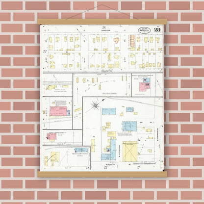 Old map wall art mockup — magnetic wood frame on brick wall — Sanborn Fire Insurance Map from Waterloo, Black Hawk County, Iowa (1906), Sheet #0028