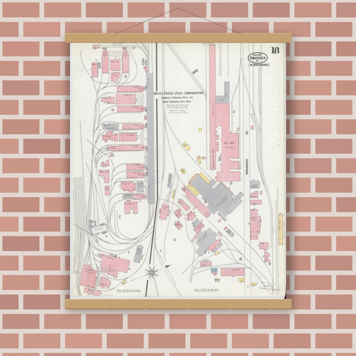 Old map wall art mockup — magnetic wood frame on brick wall — Sanborn Fire Insurance Map from Braddock, Allegheny County, Pennsylvania (1901), Sheet #0018