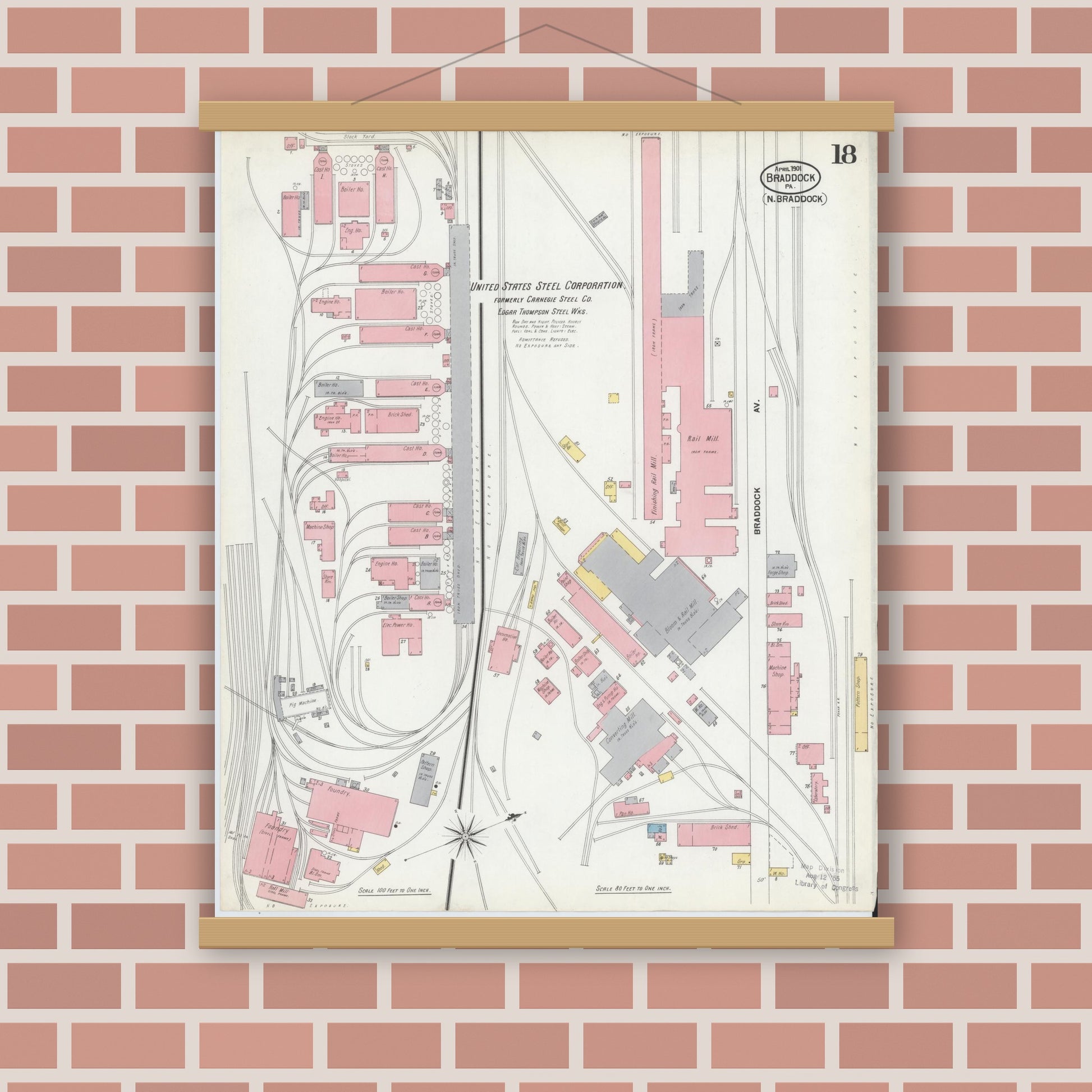 Old map wall art mockup — magnetic wood frame on brick wall — Sanborn Fire Insurance Map from Braddock, Allegheny County, Pennsylvania (1901), Sheet #0018