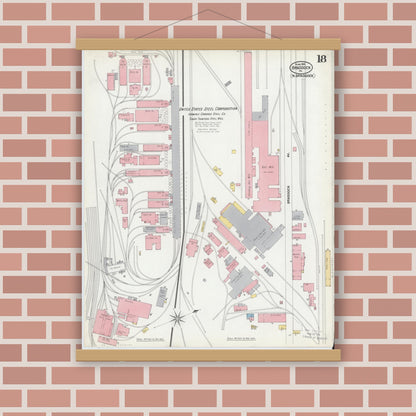 Old map wall art mockup — magnetic wood frame on brick wall — Sanborn Fire Insurance Map from Braddock, Allegheny County, Pennsylvania (1901), Sheet #0018