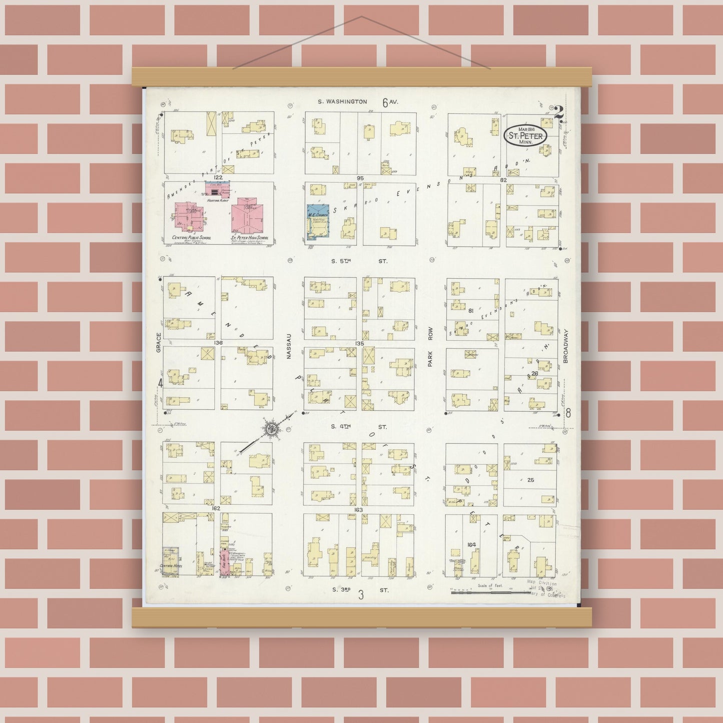 Old map wall art mockup — magnetic wood frame on brick wall — Sanborn Fire Insurance Map from Saint Peter, Nicollet County, Minnesota (1914), Sheet #0002