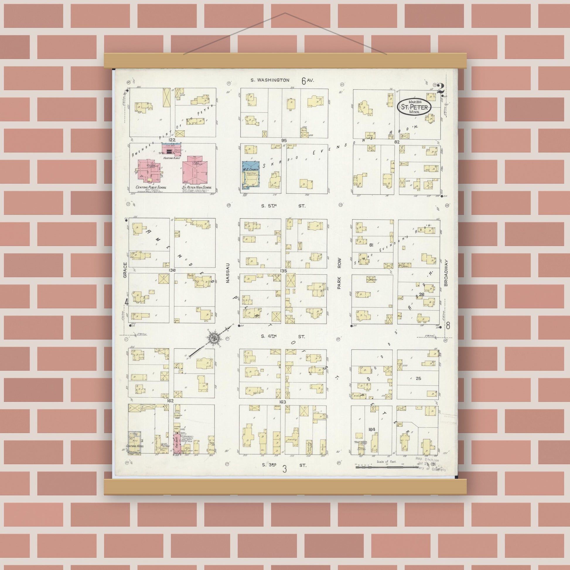 Old map wall art mockup — magnetic wood frame on brick wall — Sanborn Fire Insurance Map from Saint Peter, Nicollet County, Minnesota (1914), Sheet #0002