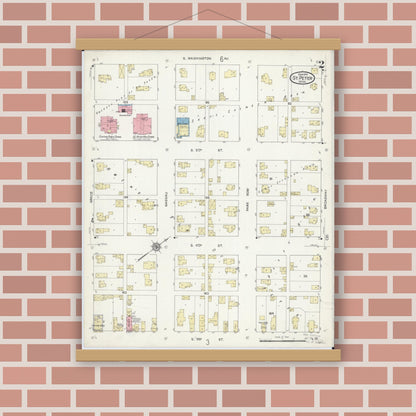 Old map wall art mockup — magnetic wood frame on brick wall — Sanborn Fire Insurance Map from Saint Peter, Nicollet County, Minnesota (1914), Sheet #0002