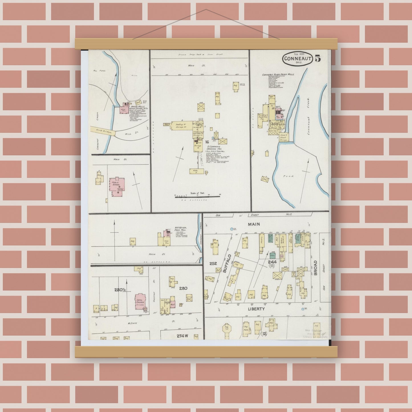 Old map wall art mockup — magnetic wood frame on brick wall — Sanborn Fire Insurance Map from Conneaut, Ashtabula County, Ohio (1889), Sheet #0005