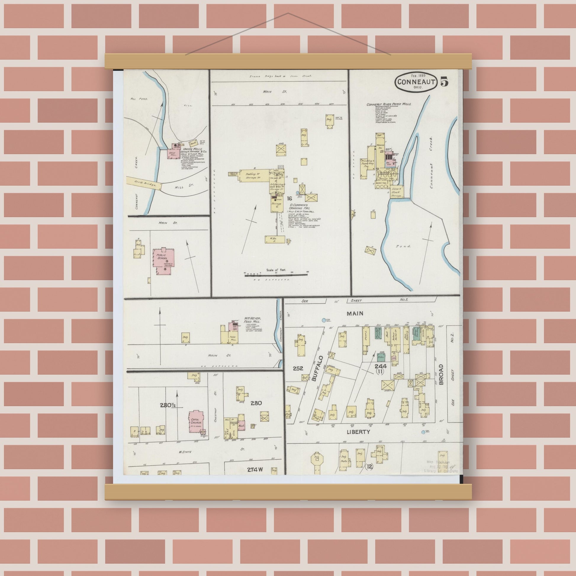 Old map wall art mockup — magnetic wood frame on brick wall — Sanborn Fire Insurance Map from Conneaut, Ashtabula County, Ohio (1889), Sheet #0005