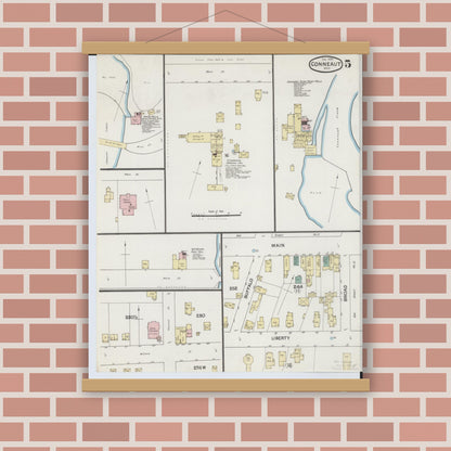 Old map wall art mockup — magnetic wood frame on brick wall — Sanborn Fire Insurance Map from Conneaut, Ashtabula County, Ohio (1889), Sheet #0005
