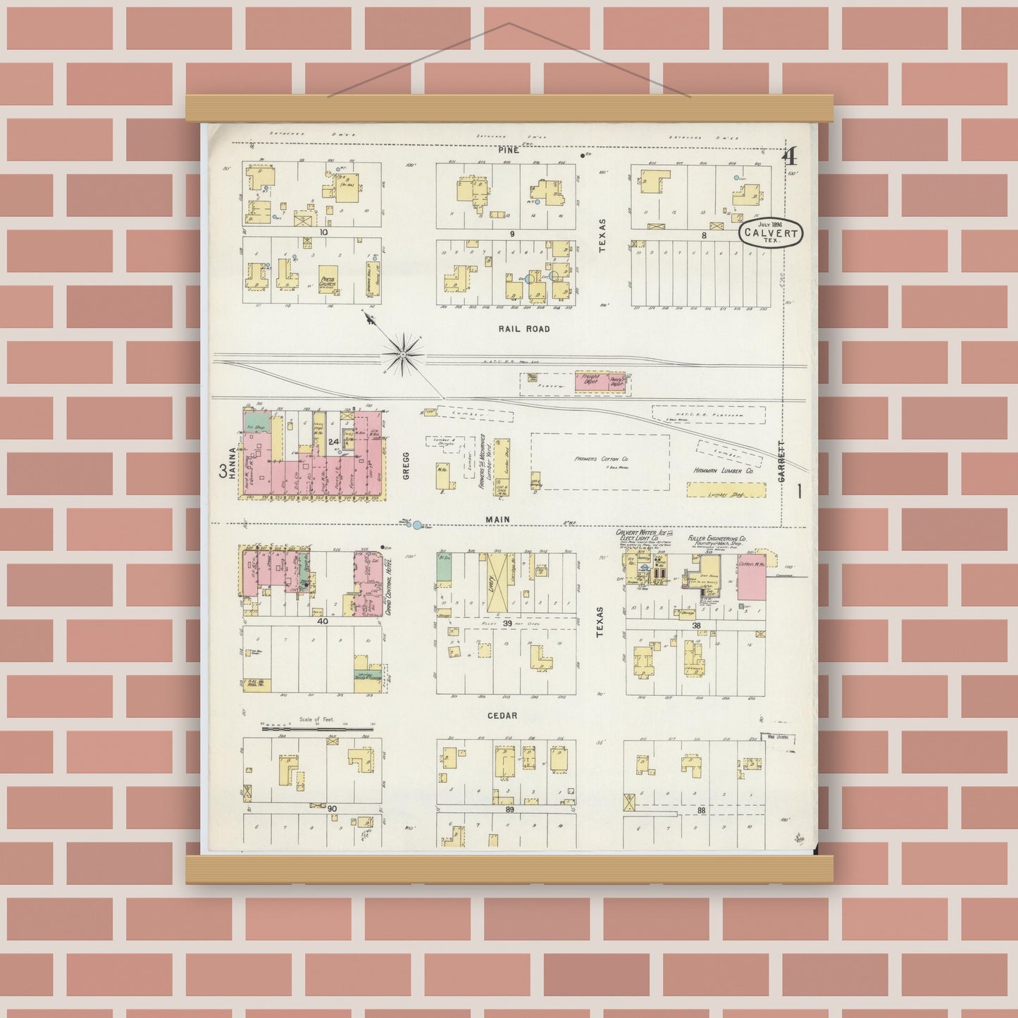 Old map wall art mockup — magnetic wood frame on brick wall — Sanborn Fire Insurance Map from Calvert, Robertson County, Texas (1896), Sheet #0004