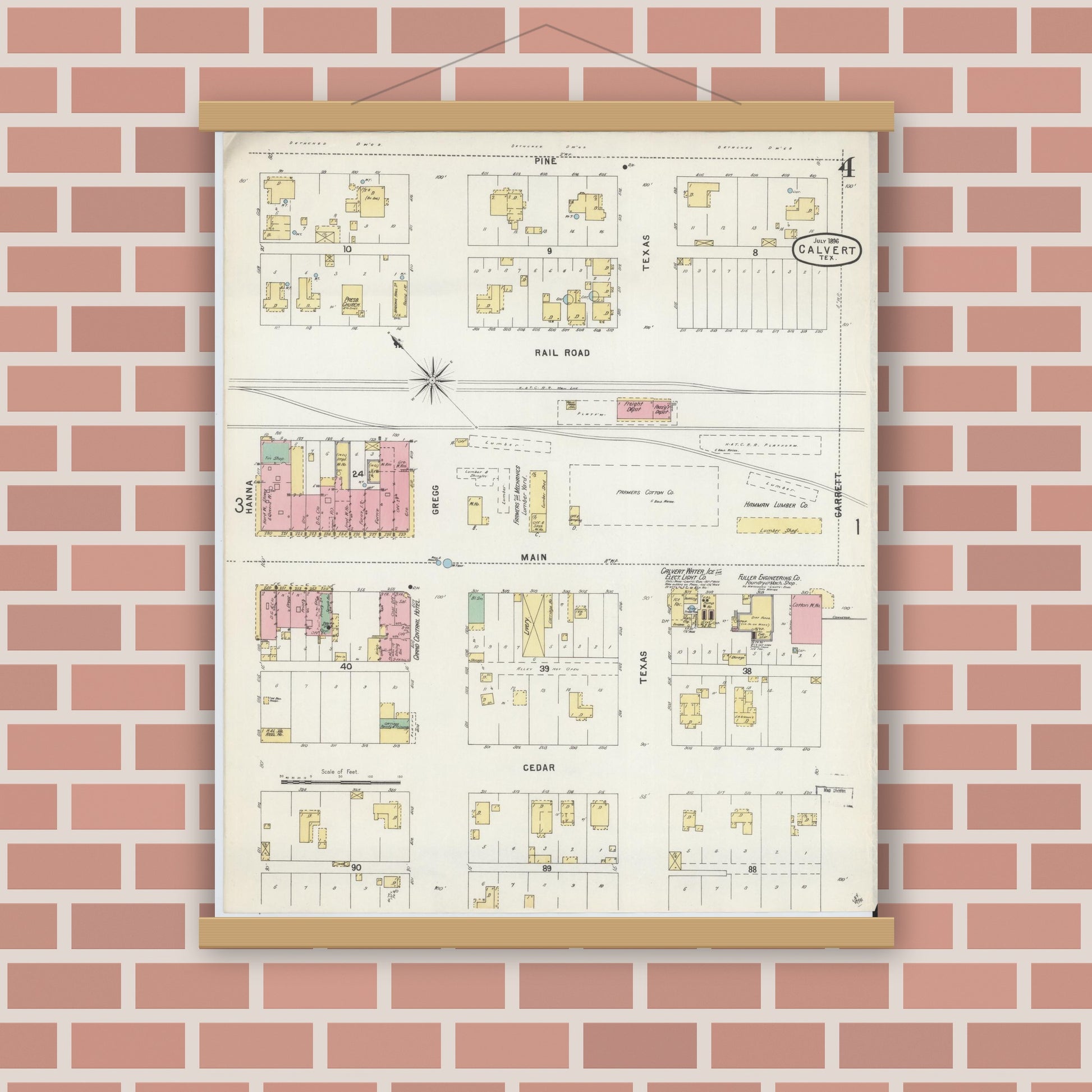 Old map wall art mockup — magnetic wood frame on brick wall — Sanborn Fire Insurance Map from Calvert, Robertson County, Texas (1896), Sheet #0004