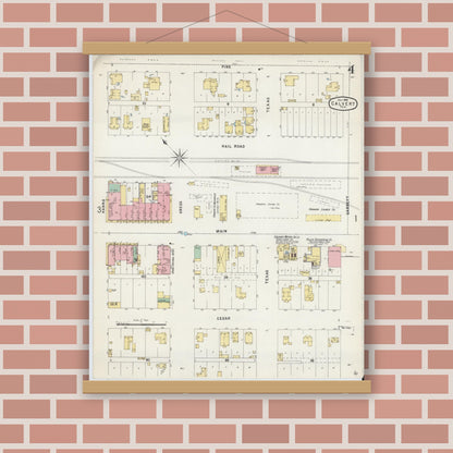 Old map wall art mockup — magnetic wood frame on brick wall — Sanborn Fire Insurance Map from Calvert, Robertson County, Texas (1896), Sheet #0004