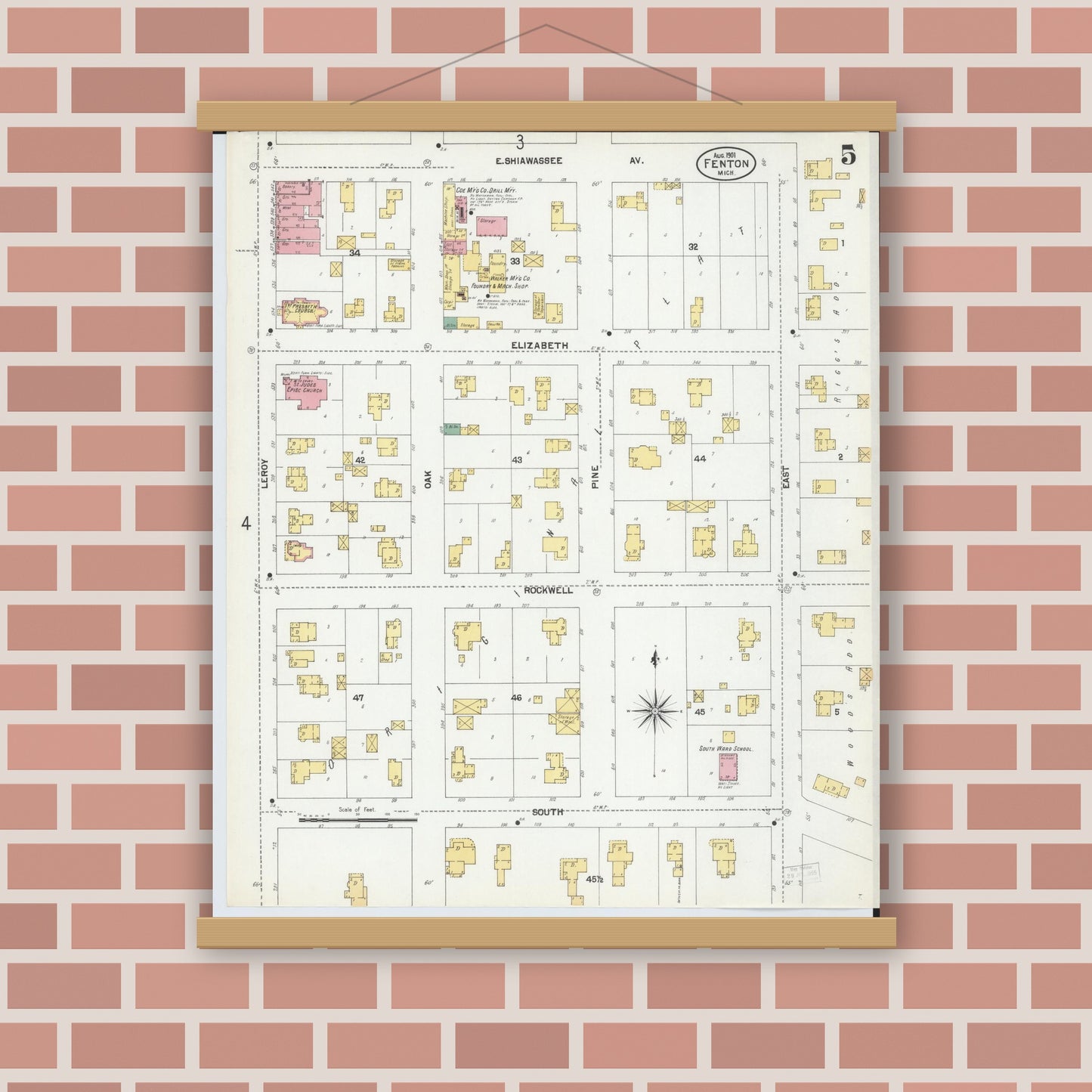 Old map wall art mockup — magnetic wood frame on brick wall — Sanborn Fire Insurance Map from Fenton, Genesee County, Michigan (1901), Sheet #0005