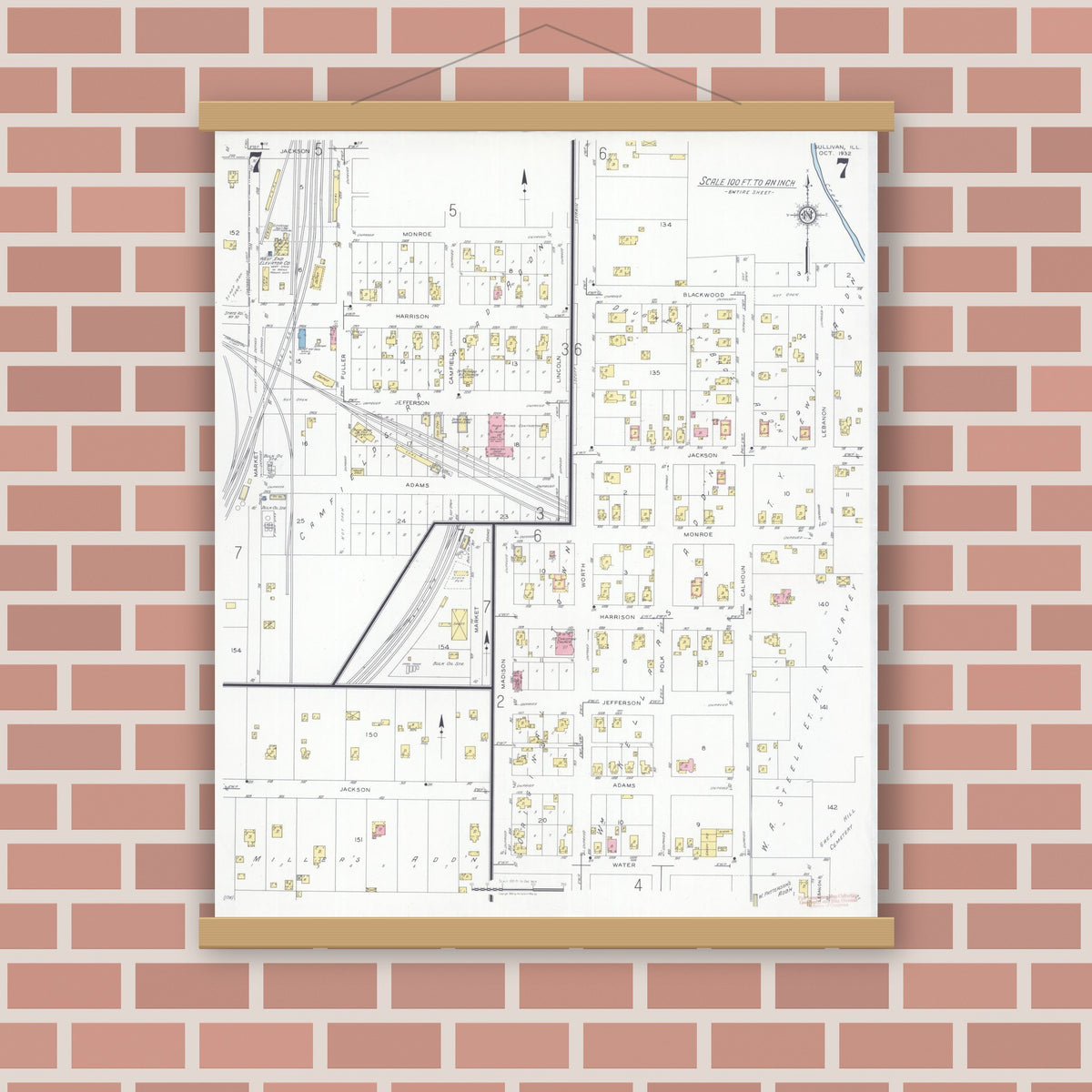 Old map wall art mockup — magnetic wood frame on brick wall — Sanborn Fire Insurance Map from Sullivan, Moultrie County, Illinois (1932), Sheet #0007