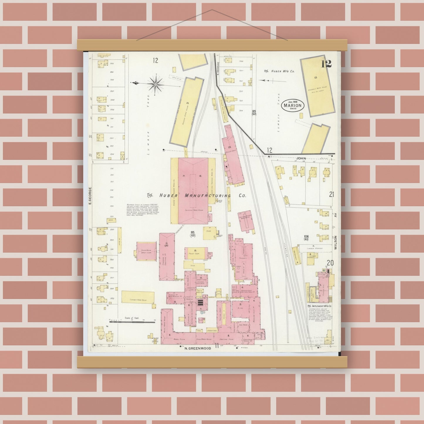 Old map wall art mockup — magnetic wood frame on brick wall — Sanborn Fire Insurance Map from Marion, Marion County, Ohio (1908), Sheet #0012