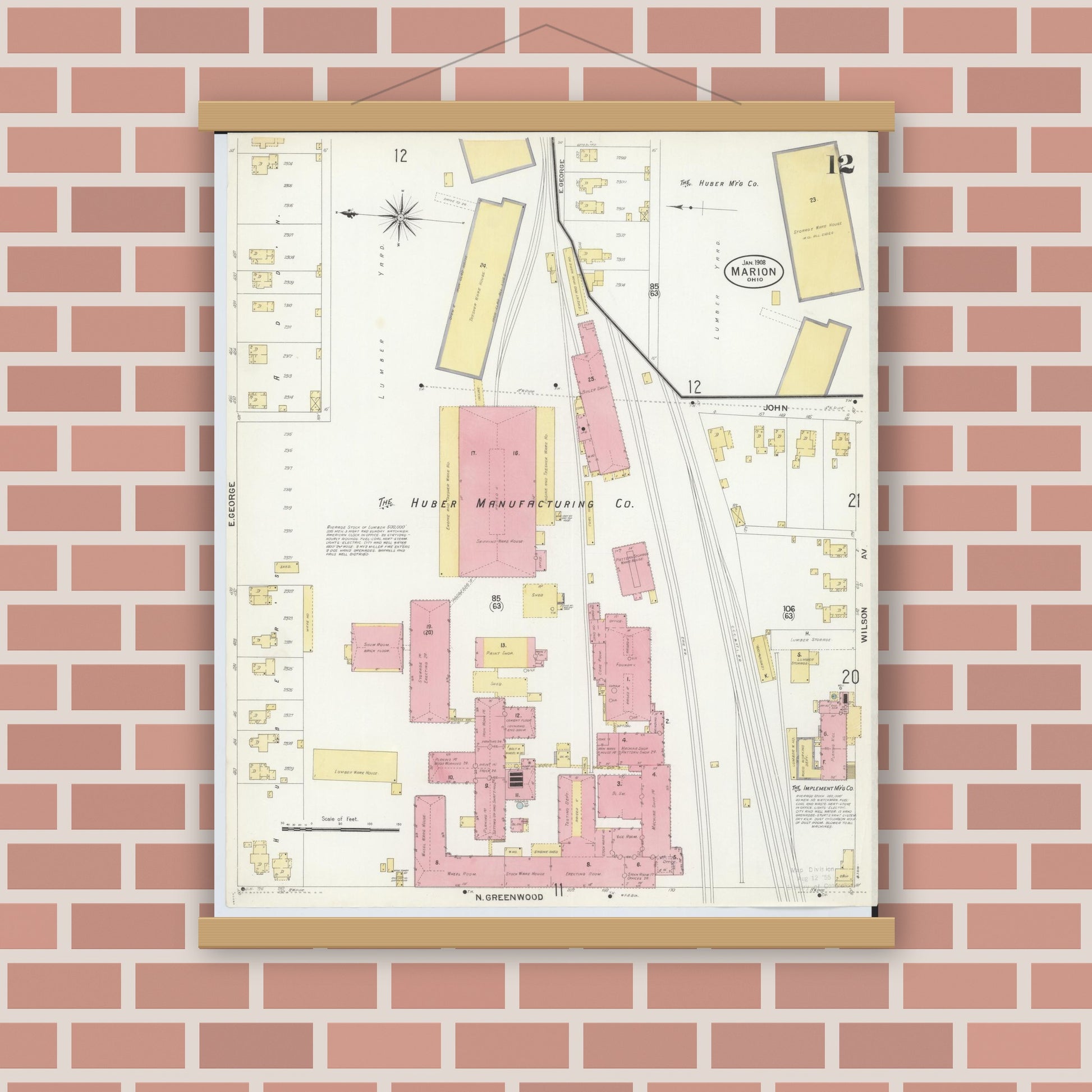 Old map wall art mockup — magnetic wood frame on brick wall — Sanborn Fire Insurance Map from Marion, Marion County, Ohio (1908), Sheet #0012