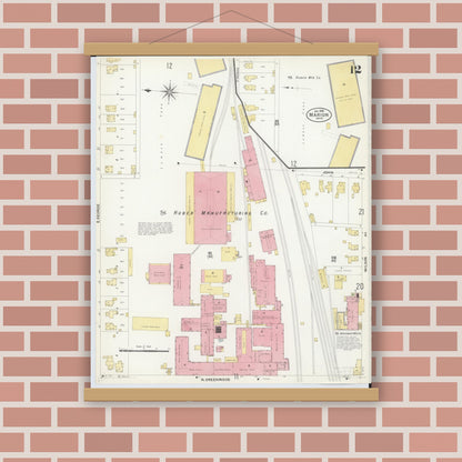 Old map wall art mockup — magnetic wood frame on brick wall — Sanborn Fire Insurance Map from Marion, Marion County, Ohio (1908), Sheet #0012