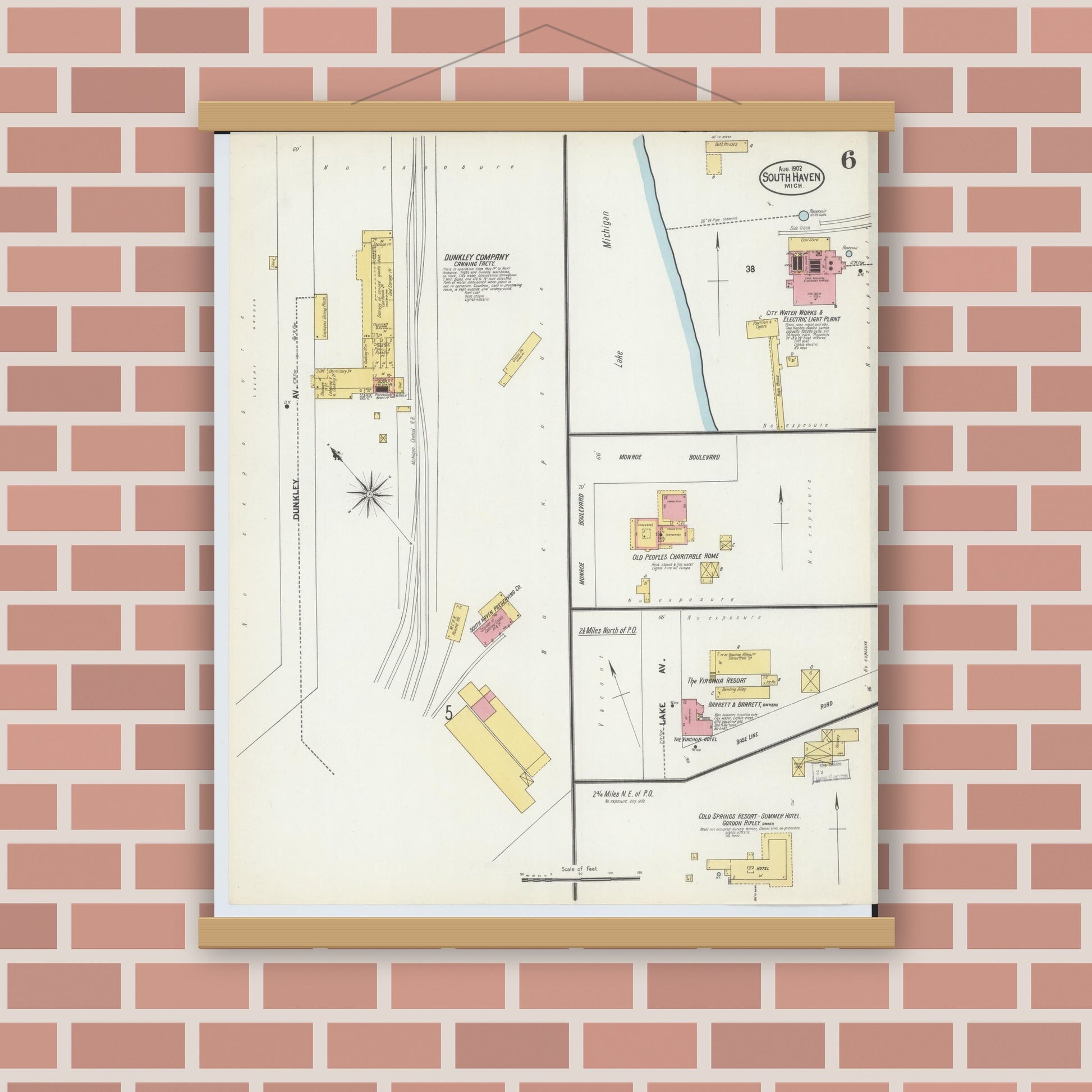 Old map wall art mockup — magnetic wood frame on brick wall — Sanborn Fire Insurance Map from South Haven, Van Buren County, Michigan (1902), Sheet #0006