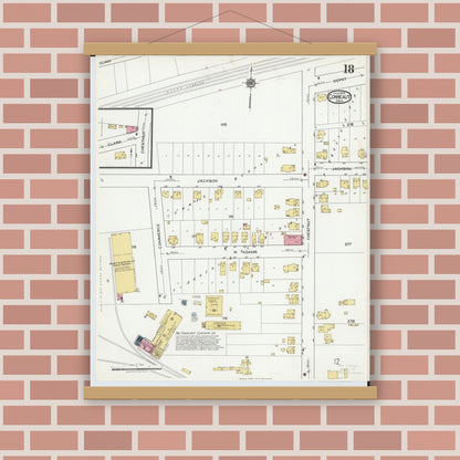 Old map wall art mockup — magnetic wood frame on brick wall — Sanborn Fire Insurance Map from Conneaut, Ashtabula County, Ohio (1919), Sheet #0018