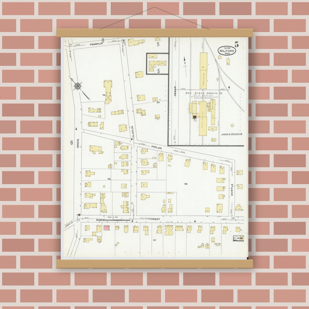 Old map wall art mockup — magnetic wood frame on brick wall — Sanborn Fire Insurance Map from Milford, Worcester County, Massachusetts (1910), Sheet #0005