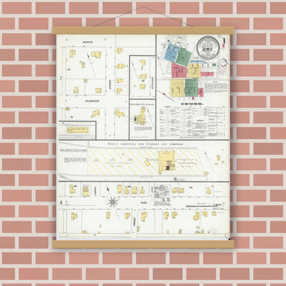 Old map wall art mockup — magnetic wood frame on brick wall — Sanborn Fire Insurance Map from Bowie, Montague County, Texas (1902), Sheet #0001