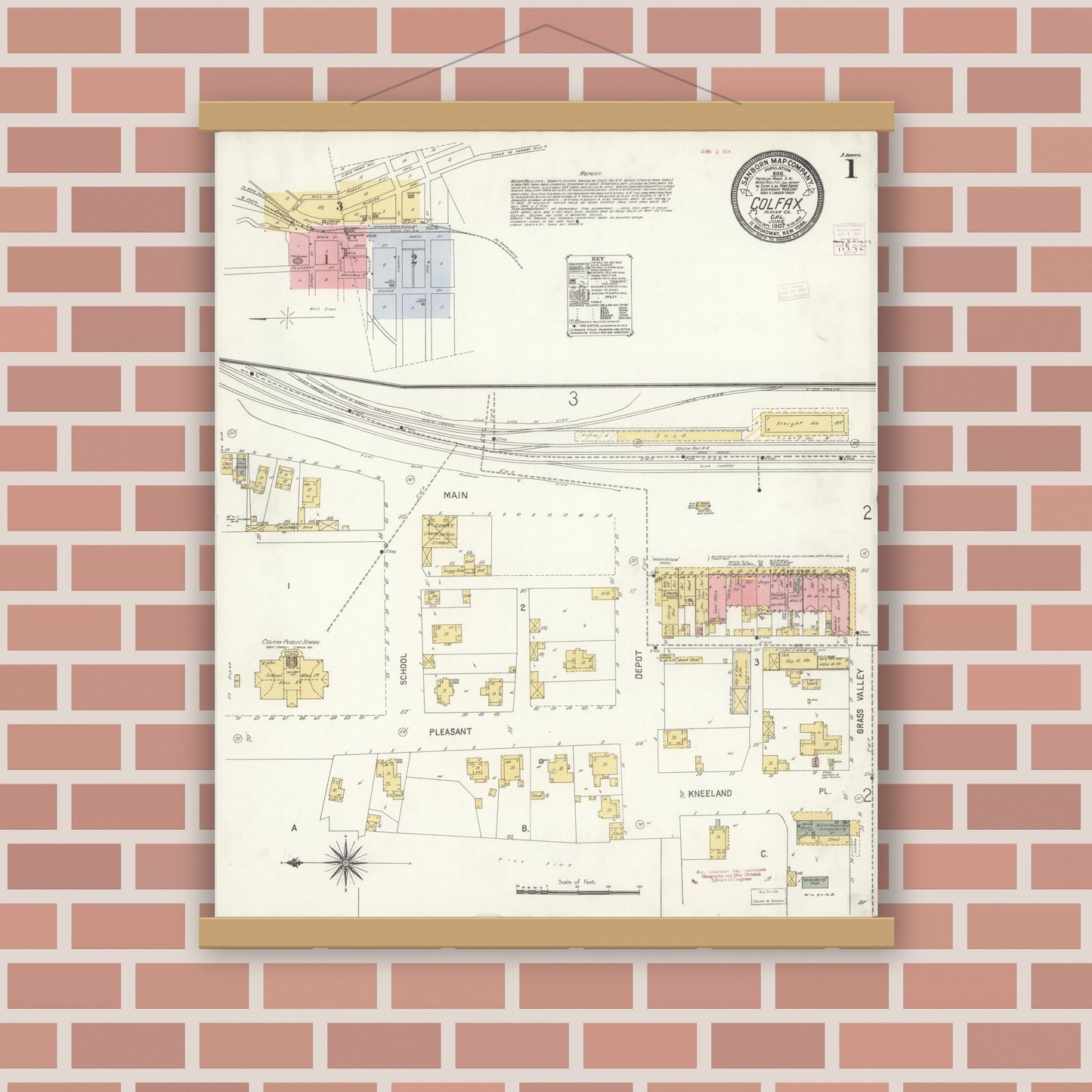 Old map wall art mockup — magnetic wood frame on brick wall — Sanborn Fire Insurance Map from Colfax, Placer County, California (1907) - Complete Map Set