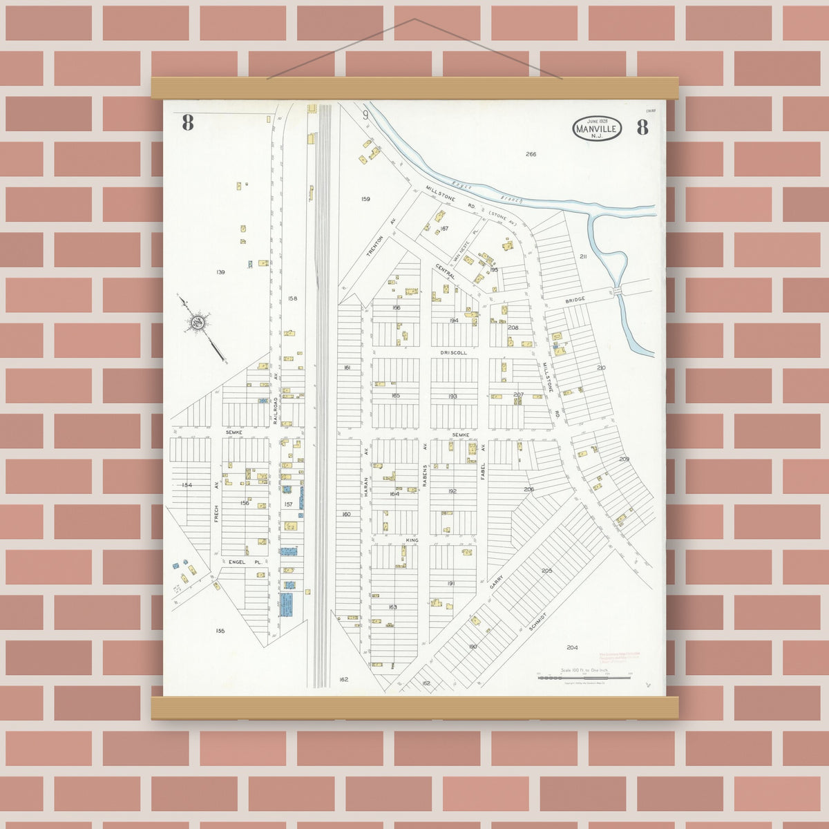 Old map wall art mockup — magnetic wood frame on brick wall — Sanborn Fire Insurance Map from Manville, Somerset County, New Jersey (1928), Sheet #0008