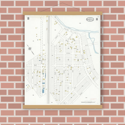 Old map wall art mockup — magnetic wood frame on brick wall — Sanborn Fire Insurance Map from Manville, Somerset County, New Jersey (1928), Sheet #0008