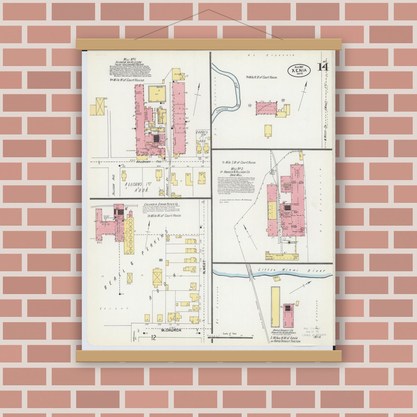 Old map wall art mockup — magnetic wood frame on brick wall — Sanborn Fire Insurance Map from Xenia, Greene County, Ohio (1901), Sheet #0014
