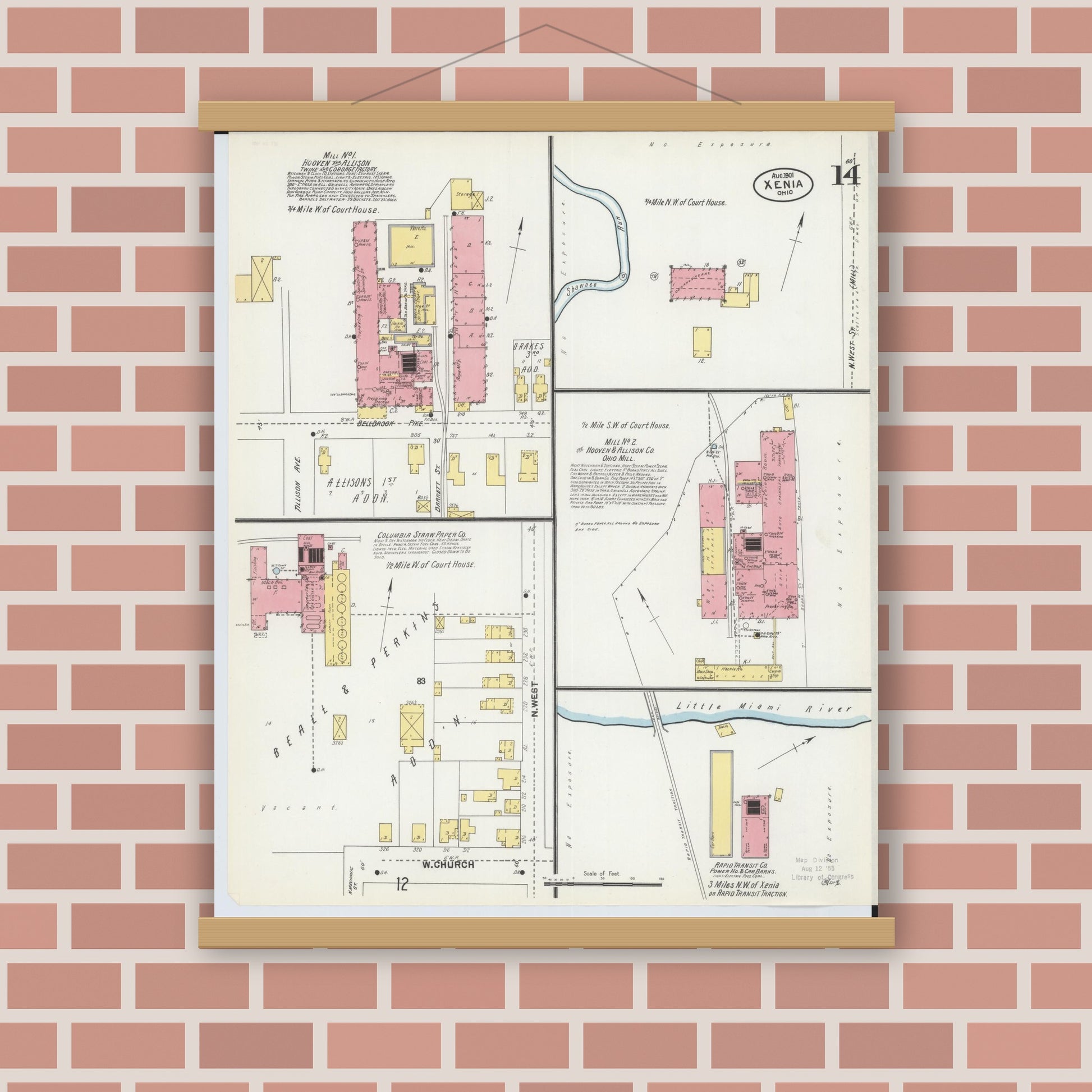 Old map wall art mockup — magnetic wood frame on brick wall — Sanborn Fire Insurance Map from Xenia, Greene County, Ohio (1901), Sheet #0014