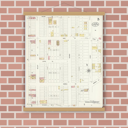Old map wall art mockup — magnetic wood frame on brick wall — Sanborn Fire Insurance Map from Clairton, Allegheny County, Pennsylvania (1907), Sheet #0005