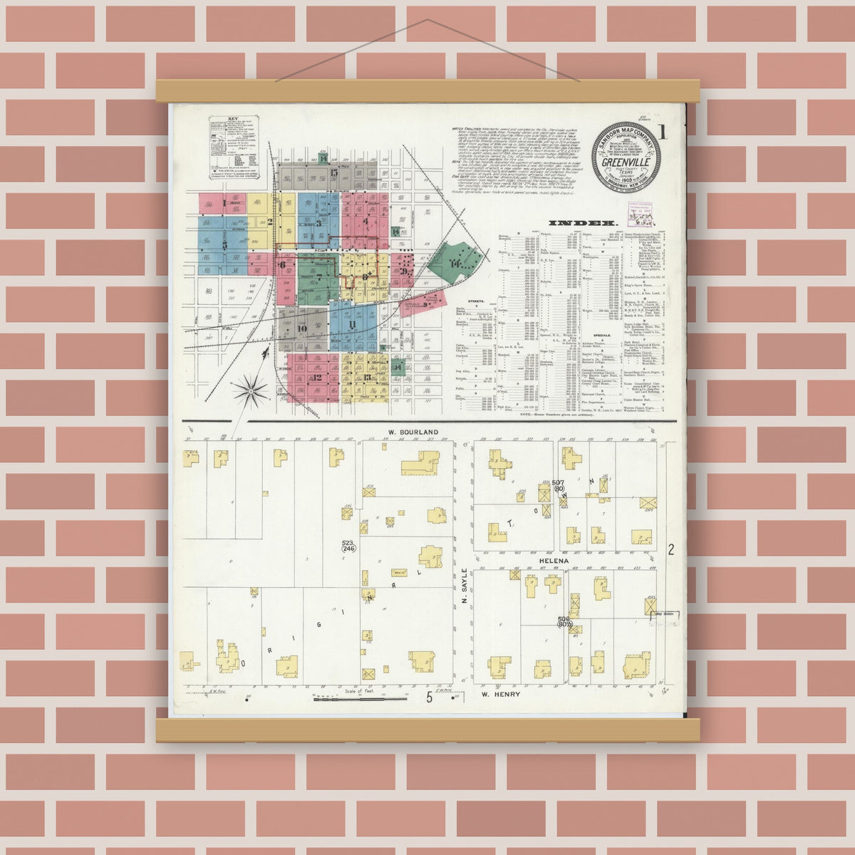 Old map wall art mockup — magnetic wood frame on brick wall — Sanborn Fire Insurance Map from Greenville, Hunt County, Texas (1909) - Complete Map Set