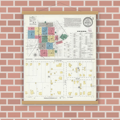 Old map wall art mockup — magnetic wood frame on brick wall — Sanborn Fire Insurance Map from Greenville, Hunt County, Texas (1909) - Complete Map Set