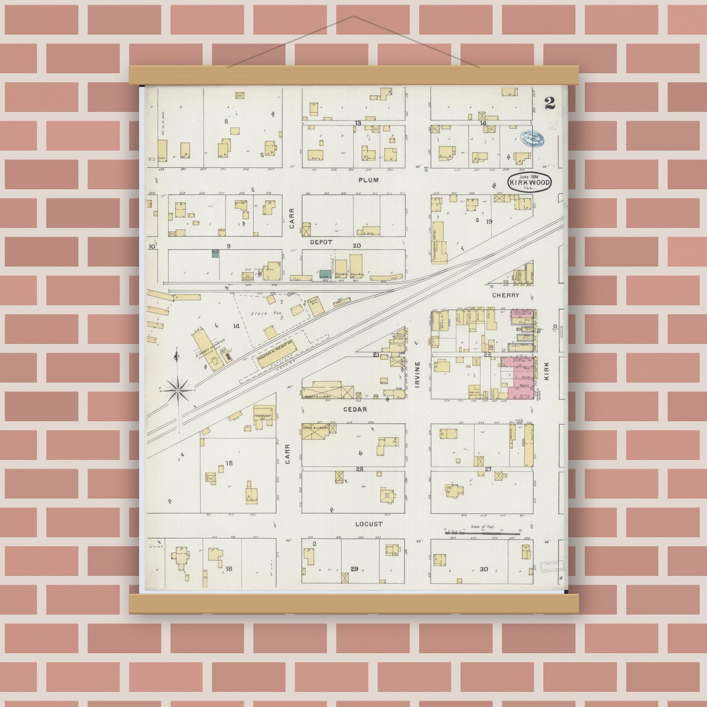 Old map wall art mockup — magnetic wood frame on brick wall — Sanborn Fire Insurance Map from Kirkwood, Warren County, Illinois (1894), Sheet #0002