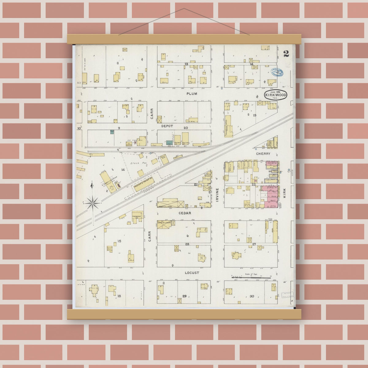 Old map wall art mockup — magnetic wood frame on brick wall — Sanborn Fire Insurance Map from Kirkwood, Warren County, Illinois (1894), Sheet #0002