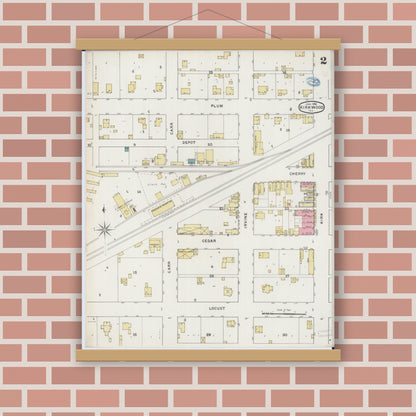 Old map wall art mockup — magnetic wood frame on brick wall — Sanborn Fire Insurance Map from Kirkwood, Warren County, Illinois (1894), Sheet #0002