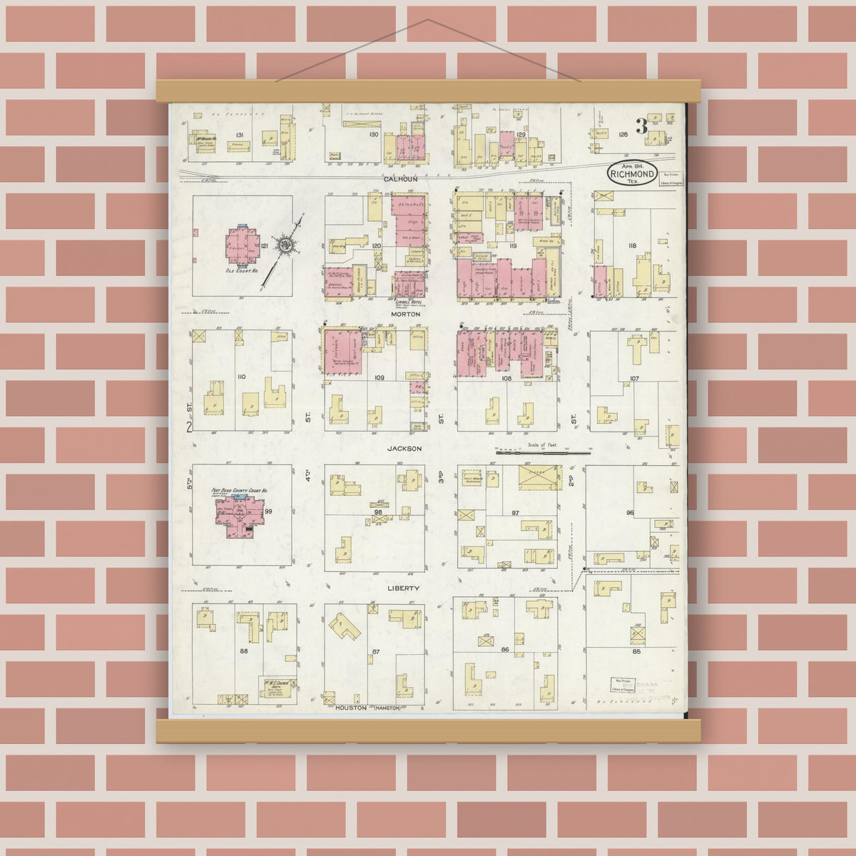 Old map wall art mockup — magnetic wood frame on brick wall — Sanborn Fire Insurance Map from Richmond, Fort Bend County, Texas (1914), Sheet #0003