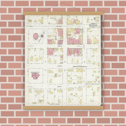 Old map wall art mockup — magnetic wood frame on brick wall — Sanborn Fire Insurance Map from Richmond, Fort Bend County, Texas (1914), Sheet #0003