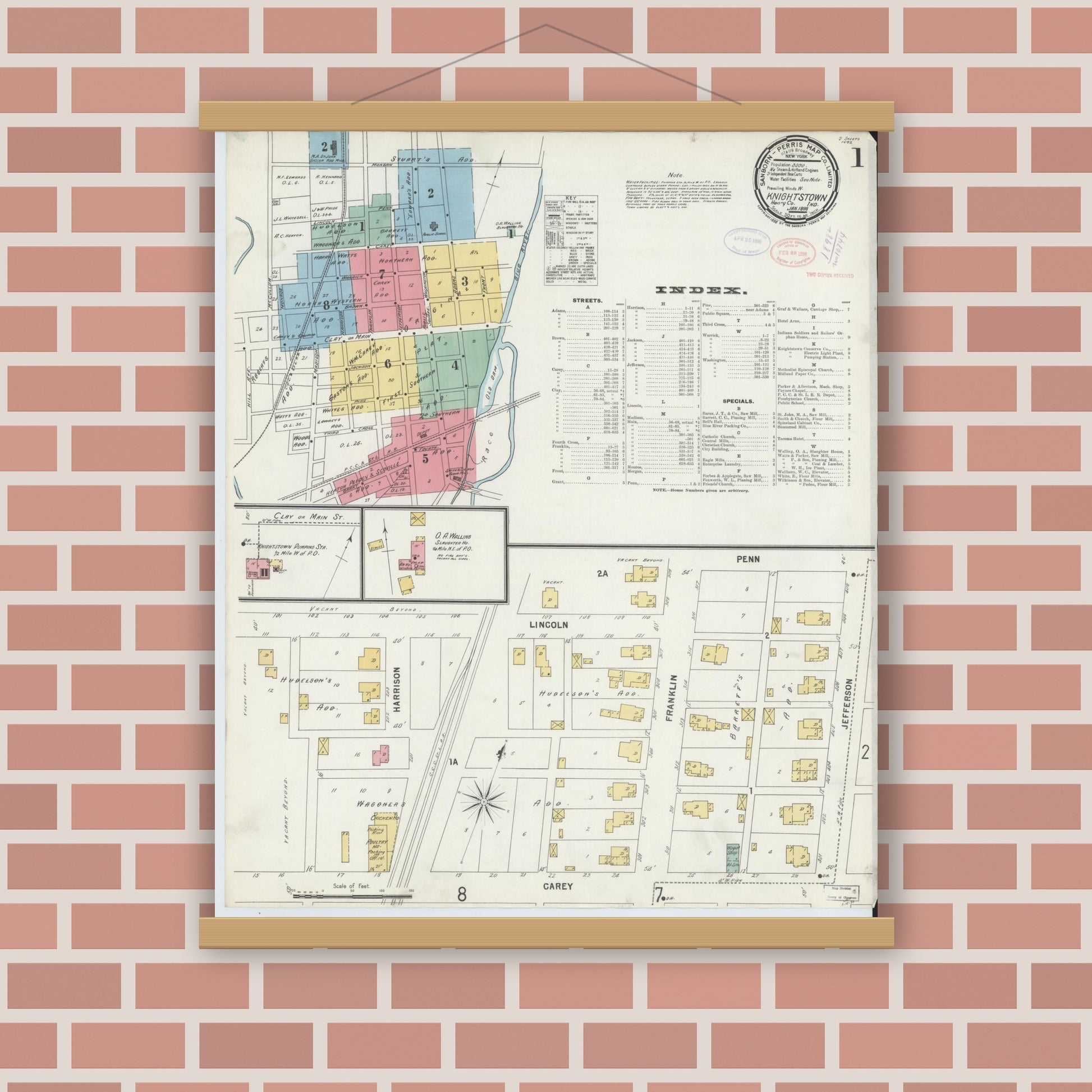 Old map wall art mockup — magnetic wood frame on brick wall — Sanborn Fire Insurance Map from Knightstown, Henry County, Indiana (1898) - Complete Map Set