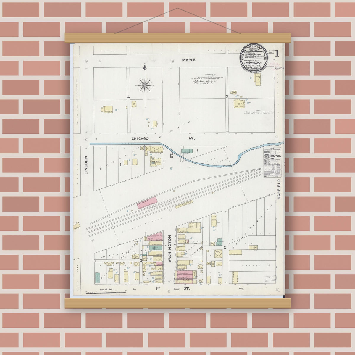 Old map wall art mockup — magnetic wood frame on brick wall — Sanborn Fire Insurance Map from Hinsdale, Du Page And Cook Counties, Illinois (1891) - Complete Map Set