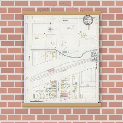 Old map wall art mockup — magnetic wood frame on brick wall — Sanborn Fire Insurance Map from Hinsdale, Du Page And Cook Counties, Illinois (1891) - Complete Map Set