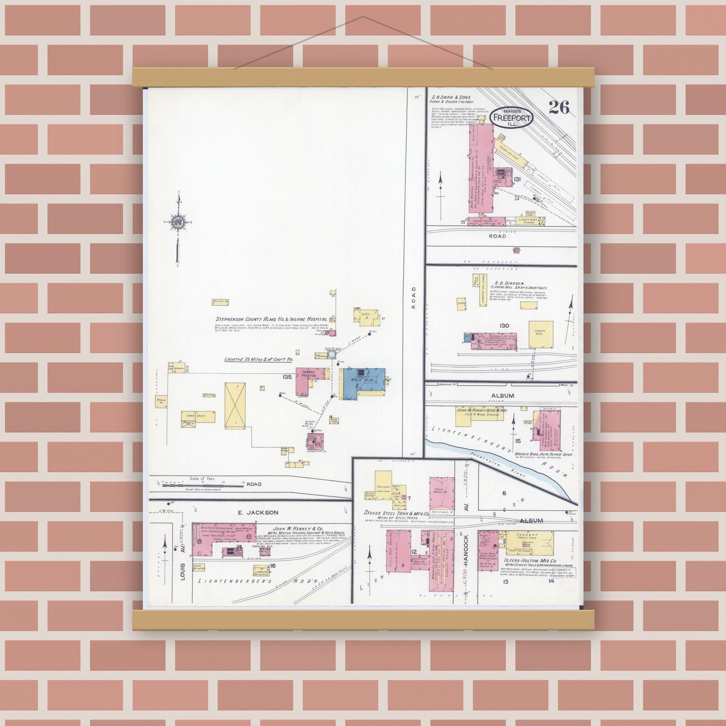 Old map wall art mockup — magnetic wood frame on brick wall — Sanborn Fire Insurance Map from Freeport, Stephenson County, Illinois (1918), Sheet #0026