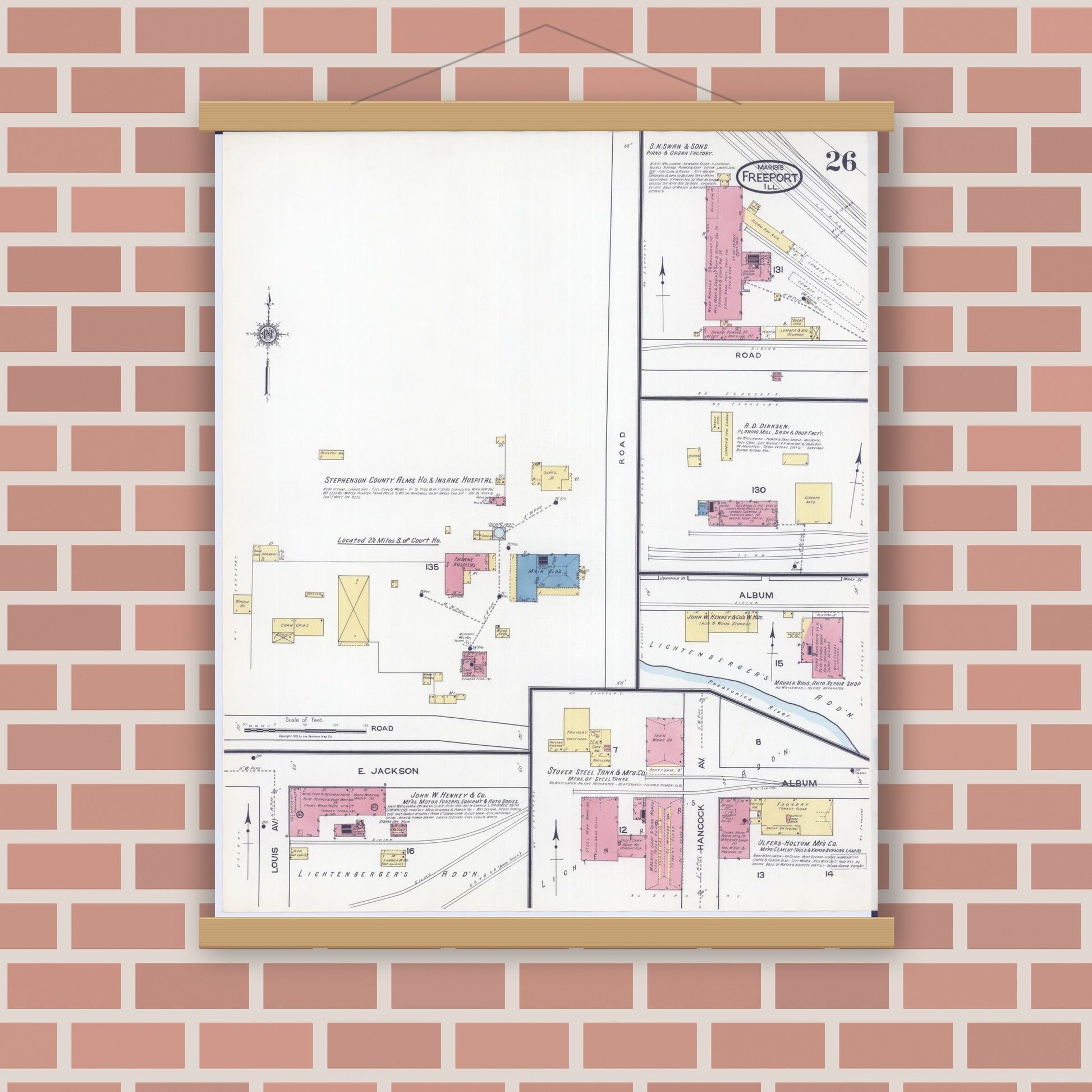 Old map wall art mockup — magnetic wood frame on brick wall — Sanborn Fire Insurance Map from Freeport, Stephenson County, Illinois (1918), Sheet #0026