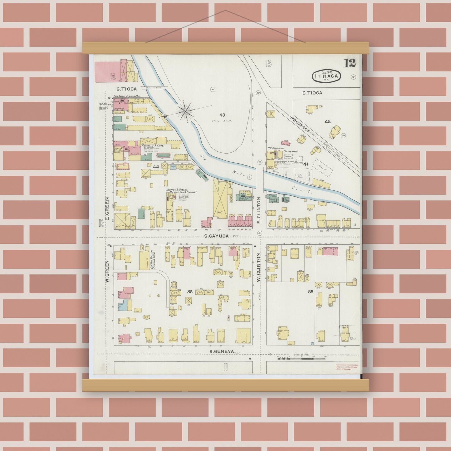 Old map wall art mockup — magnetic wood frame on brick wall — Sanborn Fire Insurance Map from Ithaca, Tompkins County, New York (1893), Sheet #0012