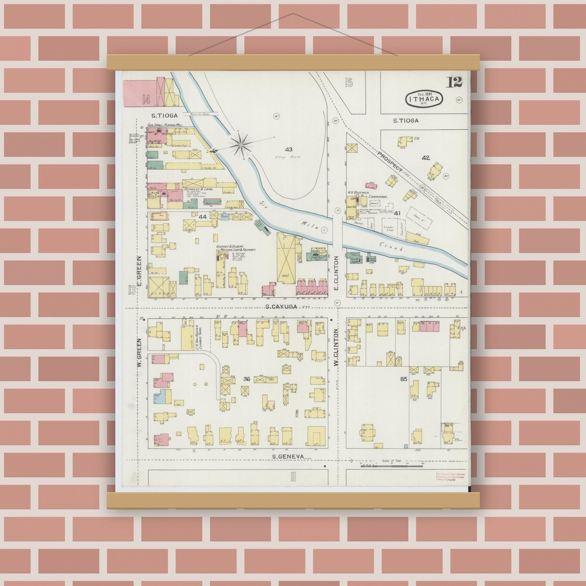 Old map wall art mockup — magnetic wood frame on brick wall — Sanborn Fire Insurance Map from Ithaca, Tompkins County, New York (1893), Sheet #0012